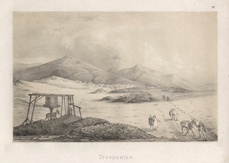 Saddest sector Philippe A sketch showing some small buildings in the background, some donkeys and people, and looming mountains.