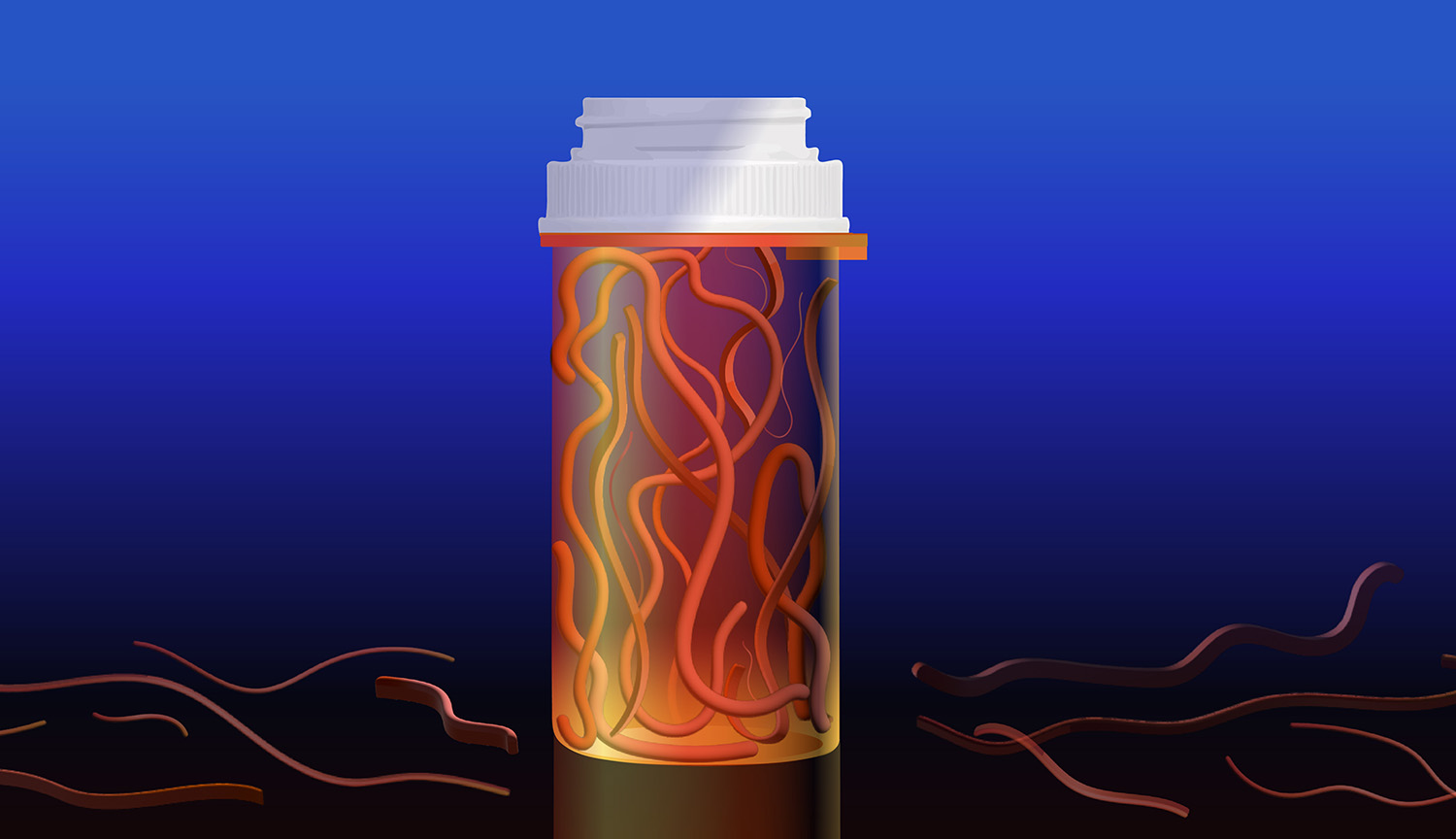 Conceptual image shows a prescription bottle containing worms.